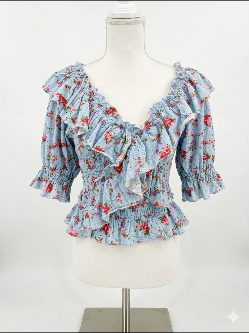 Free People Medium Candy Combo Floral Smocked Peplum Top -‎ Light Blue